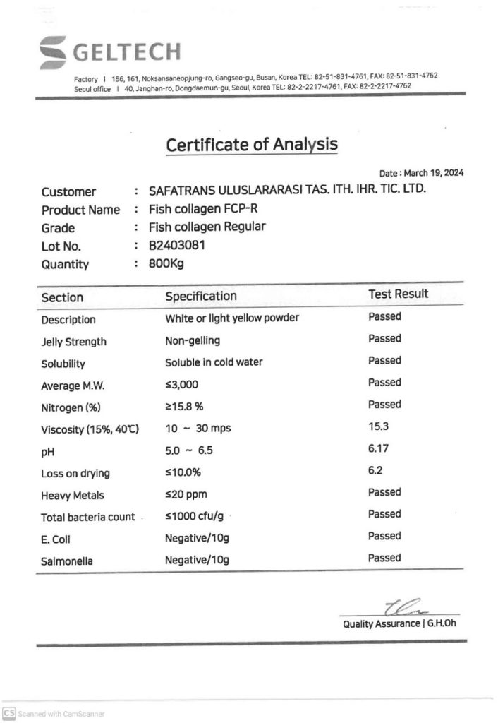 انالیز پودر کلاژن ماهی
