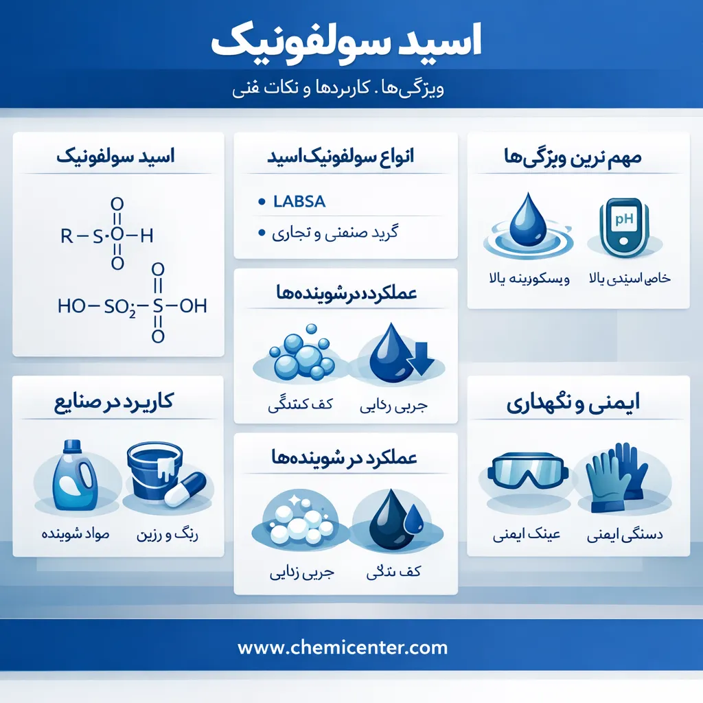 سولفونیک اسید چیست؟ بررسی مشخصات، انواع گریدهای صنعتی و کاربرد آن در شوینده سولفونیک اسید چیست؟ بررسی مشخصات، انواع گریدهای صنعتی و کاربرد آن در شوینده
