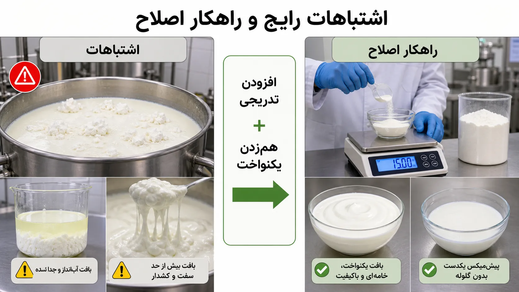 چطور با گوارگام ماست سفت و خامه‌ای درست کنیم؟ آموزش میزان مصرف برای ماست کم‌چرب و پرچرب همراه با راهنمای حل مشکل کش‌دار شدن.