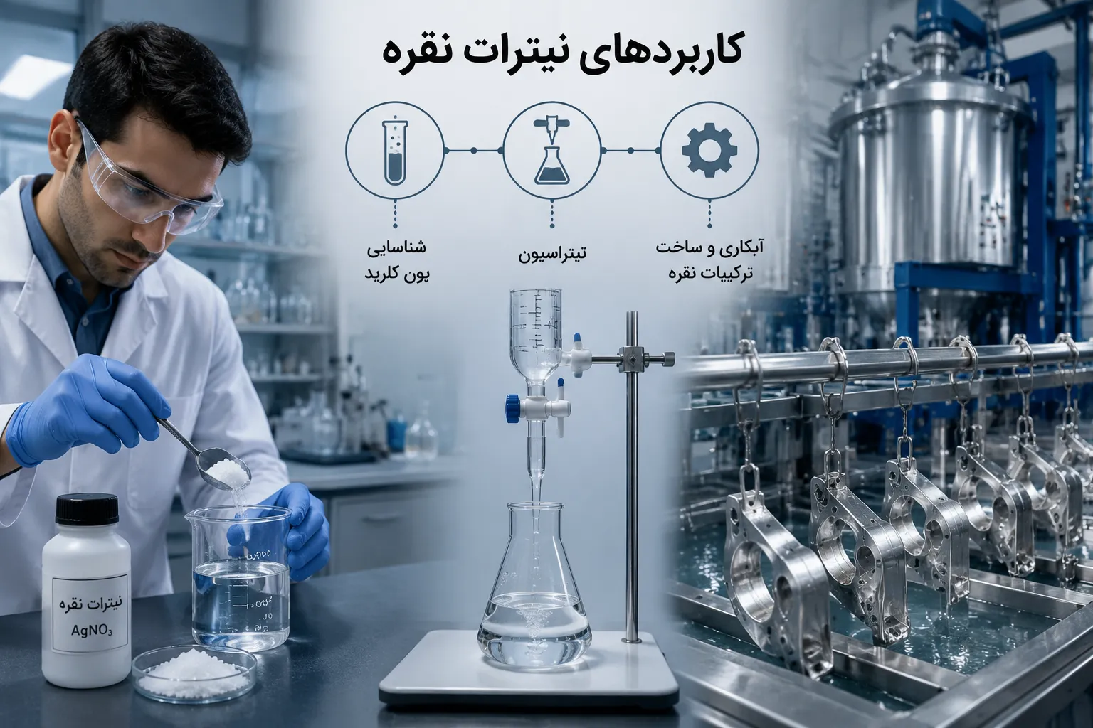 نیترات نقره چیست؟ خواص، کاربردها، تیتراسیون و نکات ایمنی AgNO₃