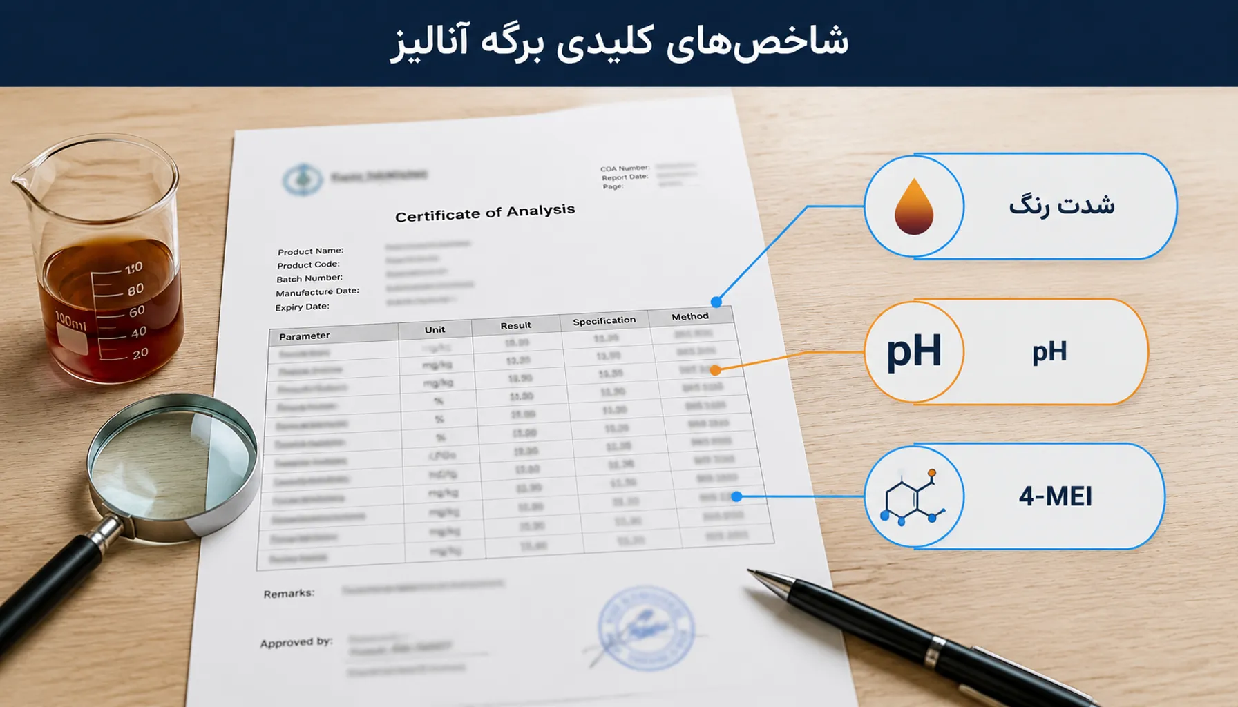 راهنمای خرید رنگ کارامل عمده؛ استانداردهای کیفی، انواع E150 + آموزش خواندن برگه آنالیز COA راهنمای خرید رنگ کارامل | راهنمای بررسی استاندارد و COA